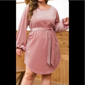 Dusty pink velvet dress, w/ bishop sleeves& belt.